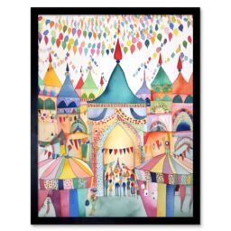"Artery8 Wall Art Print Festival Folk Art Watercolour Painting Art Framed in Black - Size: W12"" x H16""" - thumbnail 1