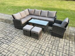 Fimous 9 Seat Rattan Garden Furniture Corner Sofa Set Outdoor Patio Sofa Chair Table Set with 2 Small Footstools in Dark Grey - thumbnail 2