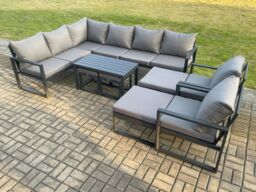 Fimous Aluminium Outdoor Garden Furniture Set Patio Lounge Sofa with Oblong Coffee Table Chair 2 Small Footstools Big Footstool Dark Grey - thumbnail 1