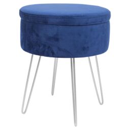 Harbour Housewares Round Velvet Storage Footstool - H45 x D36cm - Silver Legs in Blue