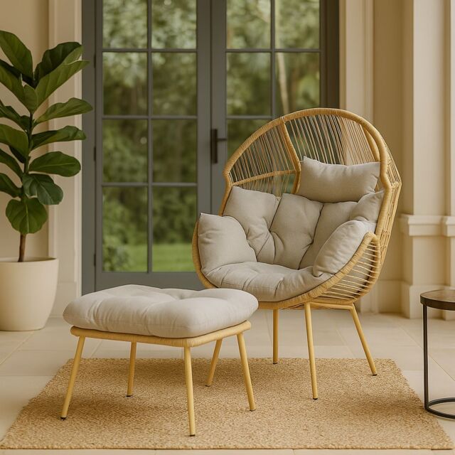 Home Republic Natural Rattan Egg Chair with Footstool & Thick Cushions for Garden or Conservatory - Size: 26.4L