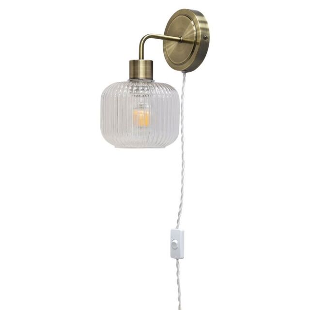 First Choice Lighting Toby - Antique Brass Plug in Wall Light with Batley Ribbed Glass Shade in Gold - image 1