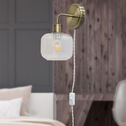 First Choice Lighting Toby - Antique Brass Plug in Wall Light with Batley Ribbed Glass Shade in Gold - thumbnail 3