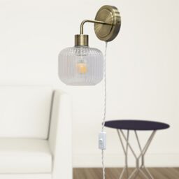 First Choice Lighting Toby - Antique Brass Plug in Wall Light with Batley Ribbed Glass Shade in Gold - thumbnail 4