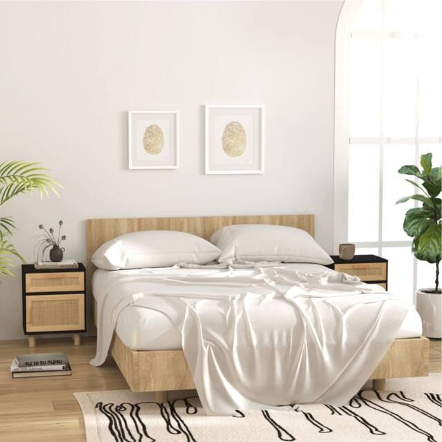 Berkfield Home Bedside Cabinets 2 pcs Black Solid Wood Pine & Natural Rattan - image 1
