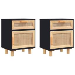 Berkfield Home Bedside Cabinets 2 pcs Black Solid Wood Pine & Natural Rattan - thumbnail 2