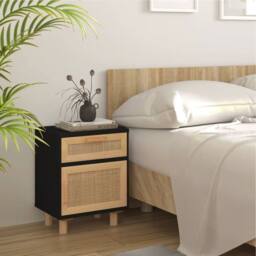 Berkfield Home Bedside Cabinets 2 pcs Black Solid Wood Pine & Natural Rattan - thumbnail 3