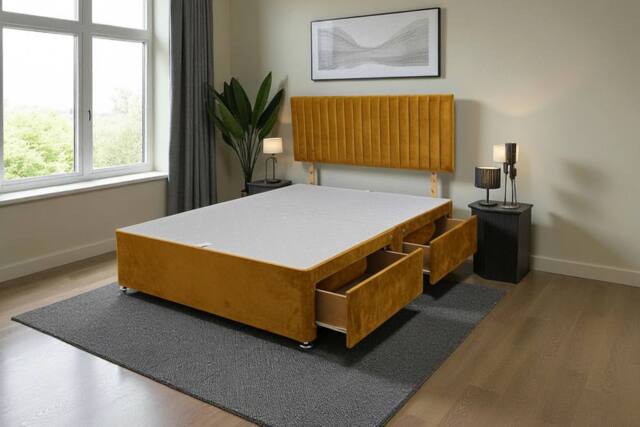 Knight Sleep Emily Divan Bed Base 2 Drawers & Headboard in Mustard - Size: Double - image 1