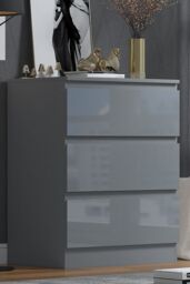 FWStyle Stora 3 Drawer Grey Gloss Chest Of Drawers (H) 77 (W) 60 (D) 40cm