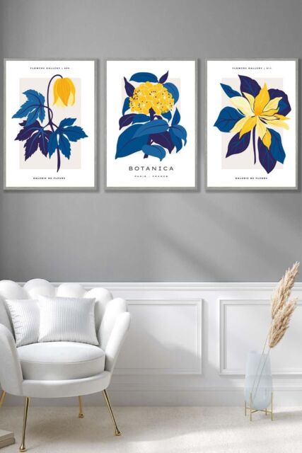 ARTZE Set of 3 Light Grey Framed Navy Blue & Yellow Flower Market Wall Art - Size: W33 cm x H45 cm x D20mm - image 1