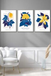 ARTZE Set of 3 Light Grey Framed Navy Blue & Yellow Flower Market Wall Art - Size: W33 cm x H45 cm x D20mm - thumbnail 1