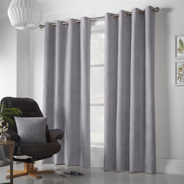 Luxury Living Velvet Chenille Eyelet Curtains Ready Made Pair in Silver - Size: 142 cm width x 183 cm drop - image 1