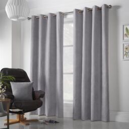 Luxury Living Velvet Chenille Eyelet Curtains Ready Made Pair in Silver - Size: 142 cm width x 183 cm drop
