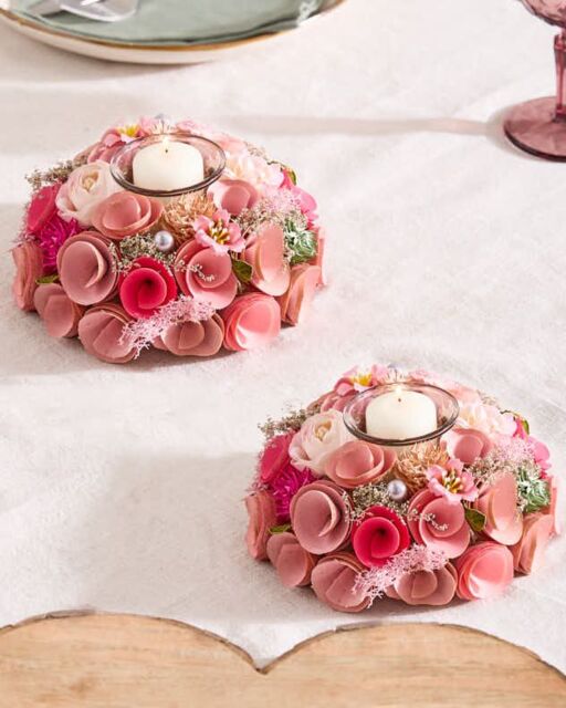 Dibor Set of 2 Floral Pink Table Decoration Candle Holders Dia16cm - Size: Small - image 1