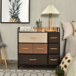 Costway 7-Drawer Dresser Tower 3-Tier Chest of Drawers Clothes Drawer Cabinet w/ Foldable Fabric Drawers & Wooden Top - thumbnail 4