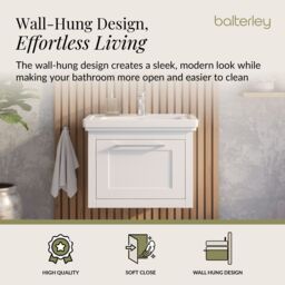 Balterley Wall Hung 1 Drawer Vanity Unit & 1TH Fireclay Basin, 600mm, White - thumbnail 3