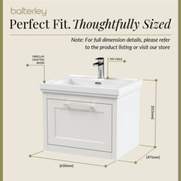 Balterley Wall Hung 1 Drawer Vanity Unit & 1TH Fireclay Basin, 600mm, White - thumbnail 5