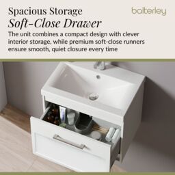 Balterley Wall Hung 1 Drawer Vanity Unit & 1TH Fireclay Basin, 600mm, White - thumbnail 4