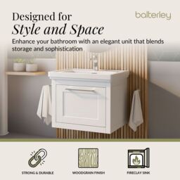 Balterley Wall Hung 1 Drawer Vanity Unit & 1TH Fireclay Basin, 600mm, White - thumbnail 2