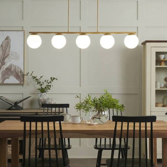 Wyld and Coco Glamour Design 5 Light Pendant Lamp Gold 62 cm White Glass Globe - image 1