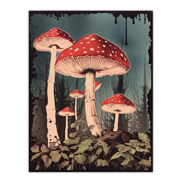 "Artery8 Vintage Fly Agaric Fairy Mushroom Toadstool Earthy Aesthetic Kitchen Extra Large XL Wall Art Poster Print - Size: W24"" x H32""" - image 1