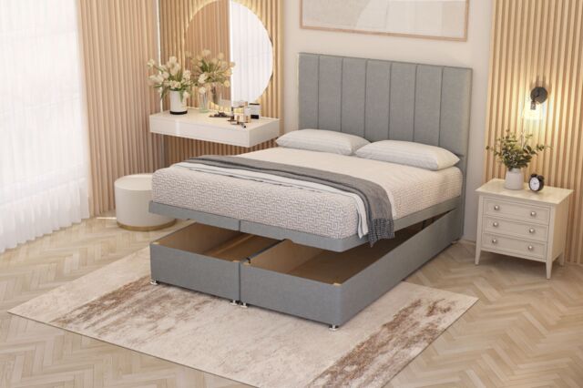 Somnior Alexas Divan Ottoman Bed with Midnight Pocket Spring Mattress & Headboard Linen Fabric in Light Grey - Size: Single - image 1