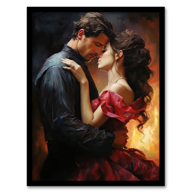 "Artery8 Wall Art Print The Embrace Oil Painting Lovers Passionate Flamenco Dance Bedroom Art Framed in Orange - Size: W12"" x H16""" - image 1