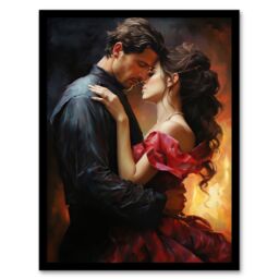 "Artery8 Wall Art Print The Embrace Oil Painting Lovers Passionate Flamenco Dance Bedroom Art Framed in Orange - Size: W12"" x H16""" - thumbnail 1