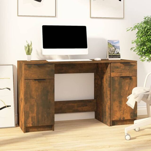 Berkfield Home Desk with Side Cabinet Smoked Oak Engineered Wood in Brown - image 1