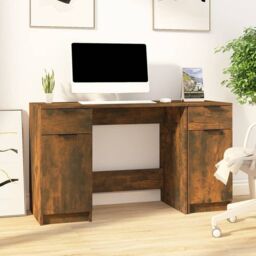 Berkfield Home Desk with Side Cabinet Smoked Oak Engineered Wood in Brown - thumbnail 1