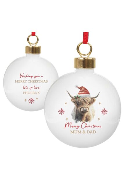 Personalised Memento Company Personalised Highland Cow Christmas Bauble in White - image 1