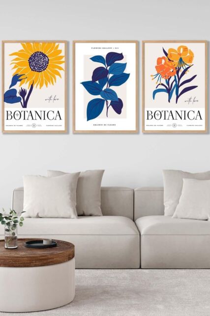 ARTZE Set of 3 Oak Framed Flower Market Sunflower Yellow Blue Wall Art in Bright Yellow - Size: W33 cm x H45 cm x D20mm - image 1