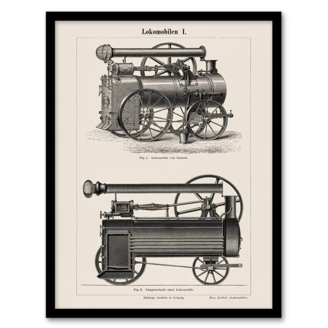 Artery8 Vintage Framed Wall Art Lokomobilen Locomotive Steam Train Engine in White - Size: A4 - image 1
