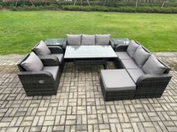 Fimous Outdoor Garden Patio Furniture Wicker Rattan Oblong Rectangular Dining Table & Lounge Sofa set with 2 Side Table Big Footstool in Dark Grey - thumbnail 2
