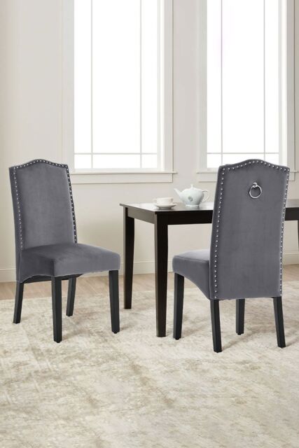 Living and Home 2Pcs Set Velvet Upholstered High Back Dining Chair Dressing Chairs with Rivets in Grey - image 1