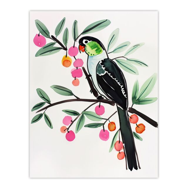 "Artery8 Parrot Bird Pink Green Fruit Tree Branch Bright Wall Art Print - Size: W12"" x H16""" - image 1