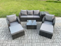 Fimous Patio Garden Furniture Sets Wicker 7 Seater Outdoor Rattan Furniture Sofa Sets with Square Coffee Table Side Table in Dark Grey - thumbnail 1