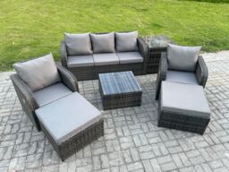 Fimous Patio Garden Furniture Sets Wicker 7 Seater Outdoor Rattan Furniture Sofa Sets with Square Coffee Table Side Table in Dark Grey - thumbnail 2