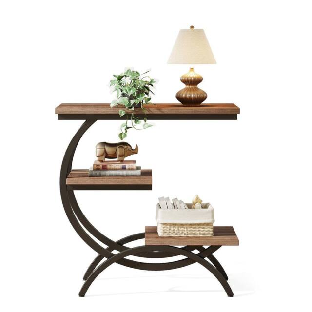 VOGREX 3 Tier Industrial Small Side Table Wood Bedside Table in Brown - image 1