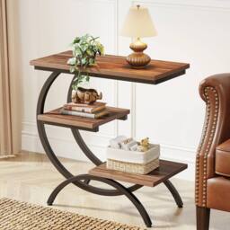 VOGREX 3 Tier Industrial Small Side Table Wood Bedside Table in Brown - thumbnail 3