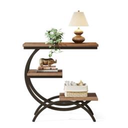 VOGREX 3 Tier Industrial Small Side Table Wood Bedside Table in Brown