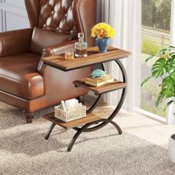 VOGREX 3 Tier Industrial Small Side Table Wood Bedside Table in Brown - thumbnail 4