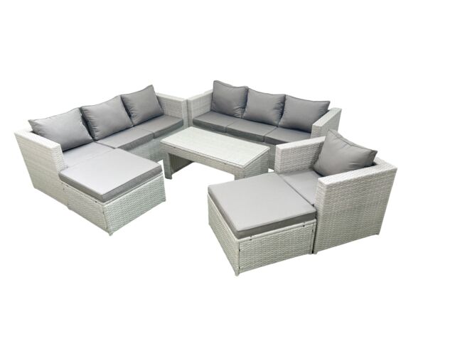 Fimous Wicker PE Rattan Sofa Garden Furniture Set with Oblong Coffee Table Armchair 2 Big Footstools Light Grey Mixed - image 1