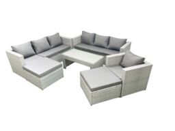 Fimous Wicker PE Rattan Sofa Garden Furniture Set with Oblong Coffee Table Armchair 2 Big Footstools Light Grey Mixed - thumbnail 1