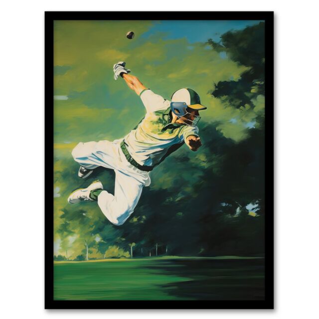 Artery8 Wall Art Print Cricket Match Outfield Diving Catch Watercolour Artwork For Him Fan Man Cave Art Framed in Green - Size: A4 - image 1