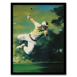 Artery8 Wall Art Print Cricket Match Outfield Diving Catch Watercolour Artwork For Him Fan Man Cave Art Framed in Green - Size: A4 - thumbnail 1