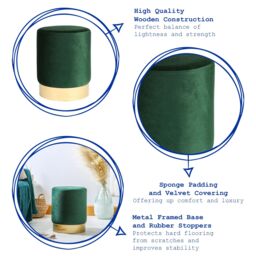 Harbour Housewares Velvet Round Pouffe Footrest Ottoman Stool - 29 x 36cm in Green - Size: 29 x 36 cm - thumbnail 3