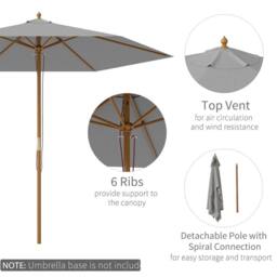 OUTSUNNY 2.5m Wood Garden Parasol Sun Shade Outdoor Wooden Umbrella Canopy in Light Grey - thumbnail 4