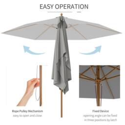 OUTSUNNY 2.5m Wood Garden Parasol Sun Shade Outdoor Wooden Umbrella Canopy in Light Grey - thumbnail 6