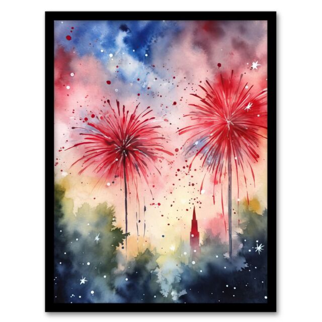 Artery8 Wall Art Print 4th July Independence Day Fireworks USA Art Framed - Size: A4 - image 1
